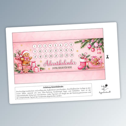 Adventskalender, Kinderriegel-Banderole, pink, Weihnachtsgeschenk, kleine Aufmerksamkeit, Druckvorlage, PDF-Datei