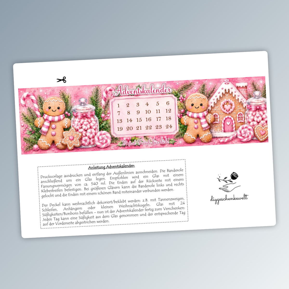 Adventskalender mit 24 Bonbons, Glas-Banderole, pink, Weihnachtsgeschenk, kleine Aufmerksamkeit, Druckvorlage, PDF-Datei