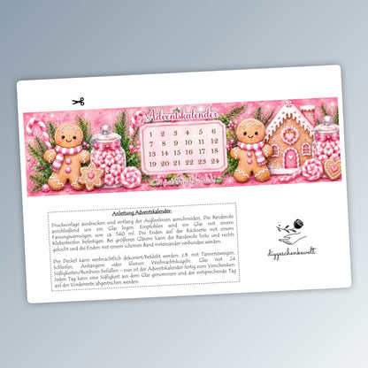Pinke Adventskalender, 3er-Paket, Kinderriegel-, Toffifee und Glas-Banderole, Weihnachtsgeschenk, kleine Aufmerksamkeit, Druckvorlage, PDF-Datei