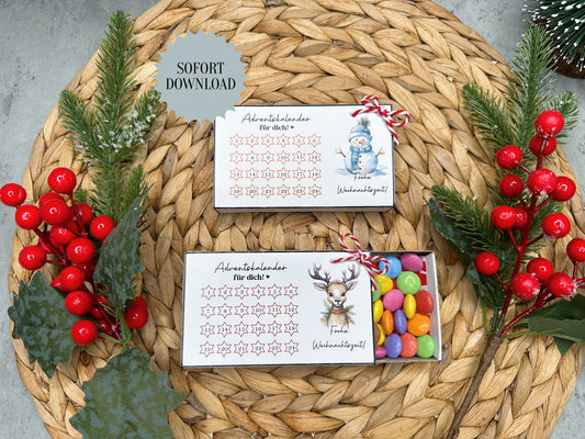 Adventskalender für eine große Streichholzschachtel, Geschenk, Weihnachtsgeschenk, kleine Aufmerksamkeit, Druckvorlage, PDF-Datei