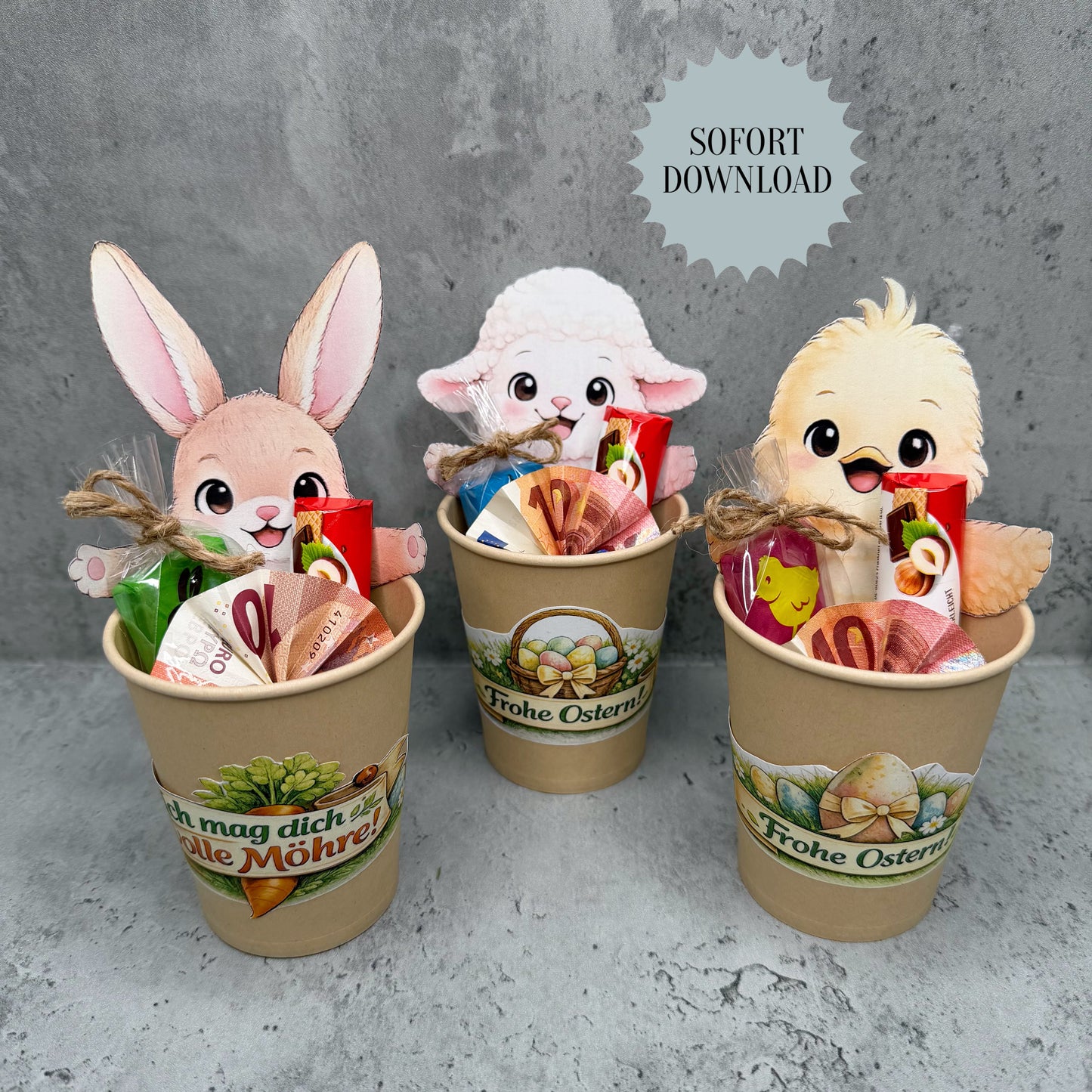 Geschenk zu Ostern, Becher-Banderole, Oster-Figuren, kleine Aufmerksamkeit, Druckvorlage, Sofort-Download,  Last-Minute-Geschenk, PDF-Datei