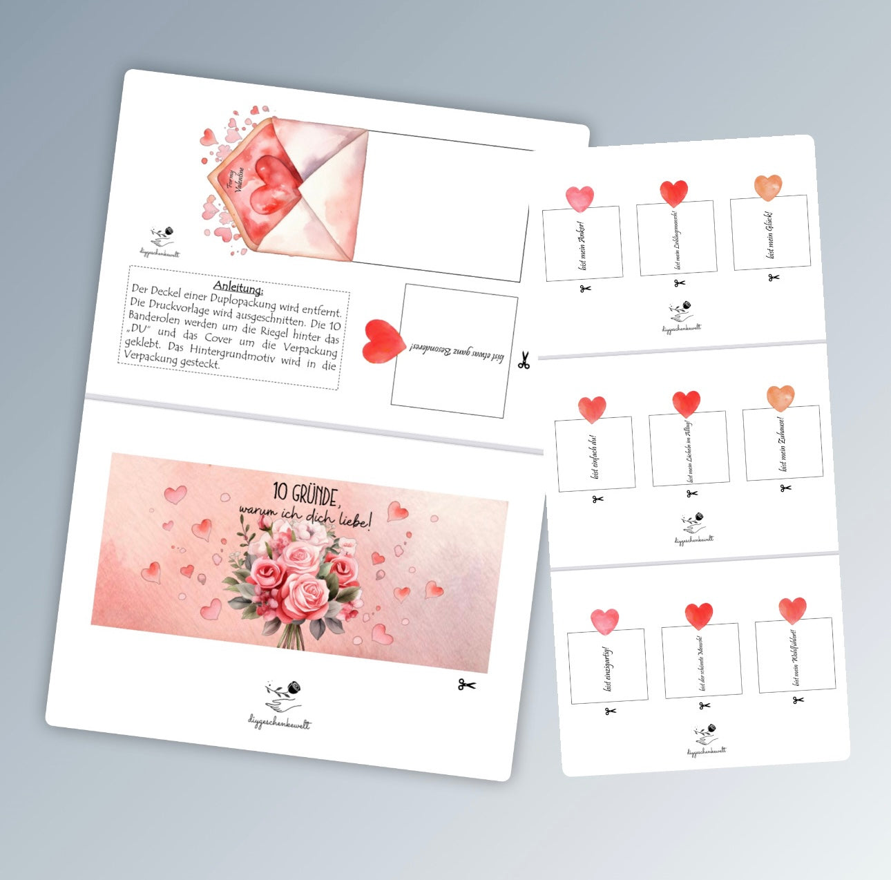 Valentinstag Geschenk, 10 Liebesgründe, Banderolen für Duplo, blaue und rosa Variante, Druckvorlage, Sofort-Download,  Last-Minute-Geschenk, PDF-Datei