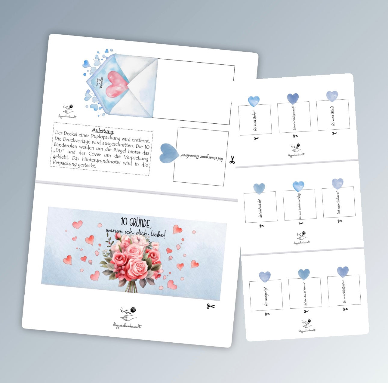 Valentinstag Geschenk, 10 Liebesgründe, Banderolen für Duplo, blaue und rosa Variante, Druckvorlage, Sofort-Download,  Last-Minute-Geschenk, PDF-Datei