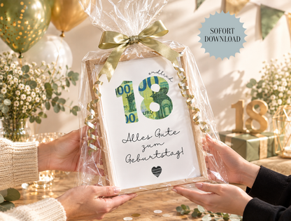 Geschenk zum 18. Geburtstag, Last-Minute-Geschenk, Geldgeschenk,  Druckvorlage, Sofort-Download, PDF-Datei