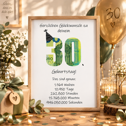 Geldgeschenk 30. Geburtstag, Geschenk, Druckvorlage, Sofort-Download,  Last-Minute-Geschenk, PDF-Datei