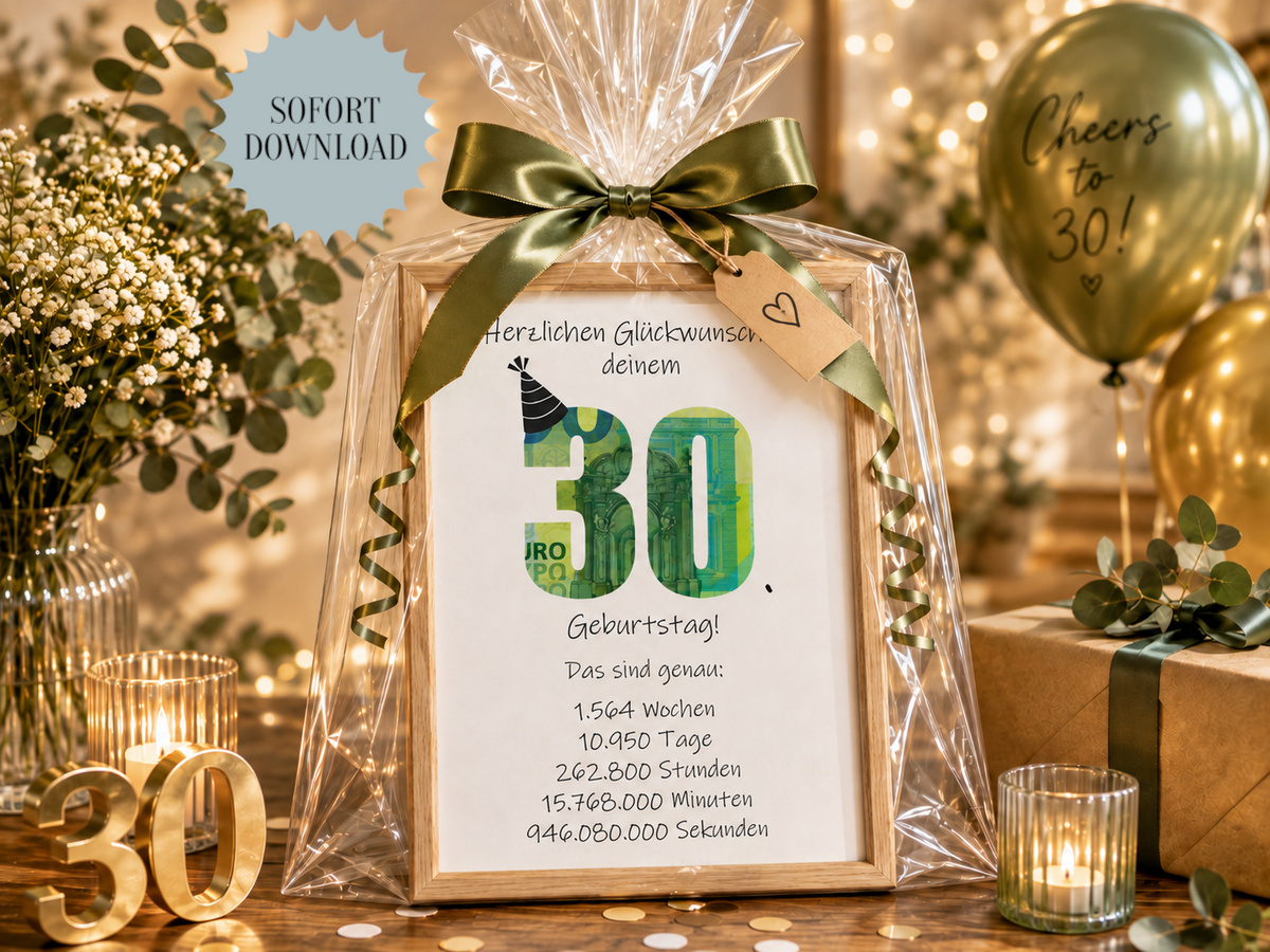 Geldgeschenk 30. Geburtstag, Geschenk, Druckvorlage, Sofort-Download,  Last-Minute-Geschenk, PDF-Datei