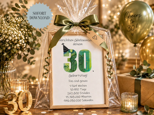 Geldgeschenk 30. Geburtstag, Geschenk, Druckvorlage, Sofort-Download,  Last-Minute-Geschenk, PDF-Datei