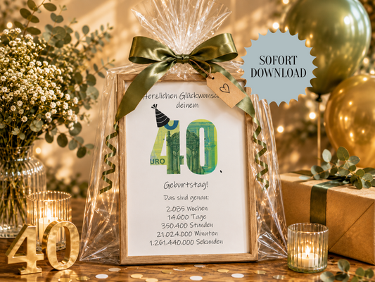 Geldgeschenk 40. Geburtstag, Geschenk, Druckvorlage, Sofort-Download,  Last-Minute-Geschenk, PDF-Datei