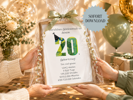 Geldgeschenk 20. Geburtstag, Geschenk, Druckvorlage, Sofort-Download, PDF