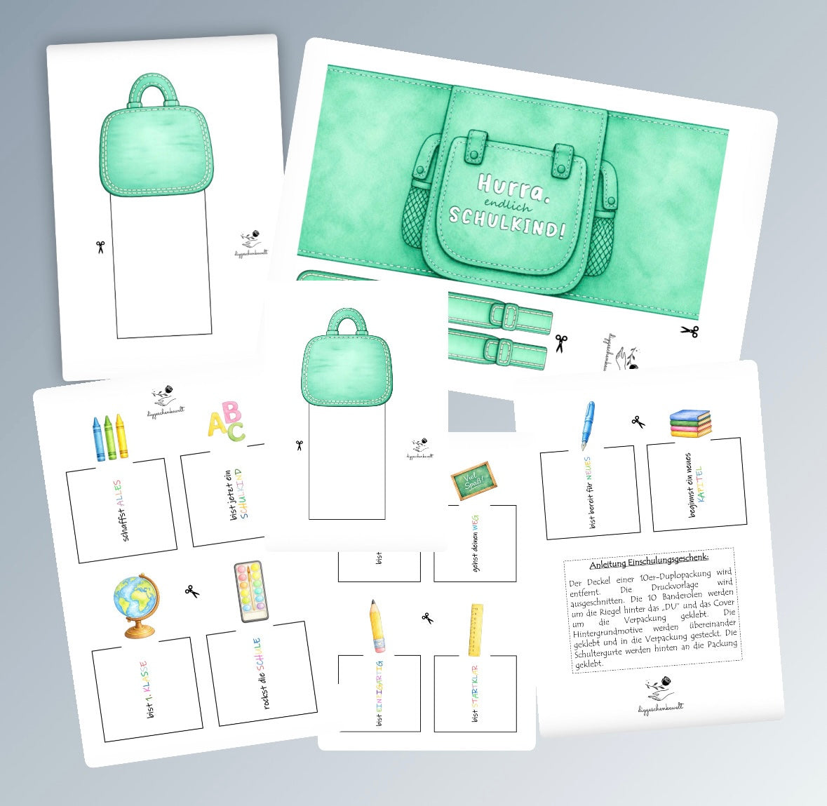 Geschenk zur Einschulung, grüne Schulrucksack-Variante, Duplo-Banderole, kleine Aufmerksamkeit, Druckvorlage, Sofort-Download, Last-Minute-Geschenk, PDF-Datei