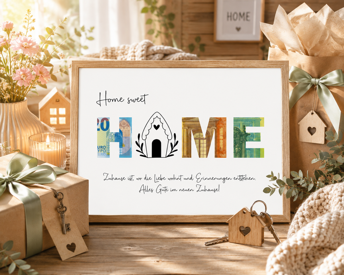 Geldgeschenk, Einweihungsgeschenk, neues Haus, neue Wohnung, neues Heim, Druckvorlage, Querformat, Sofort-Download, PDF