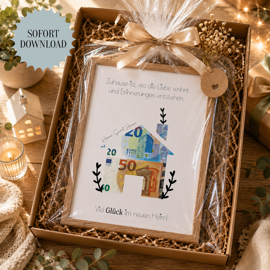 Geldgeschenk, Einweihungsgeschenk, neues Haus, neue Wohnung, neues Heim, Druckvorlage, Sofort-Download, PDF