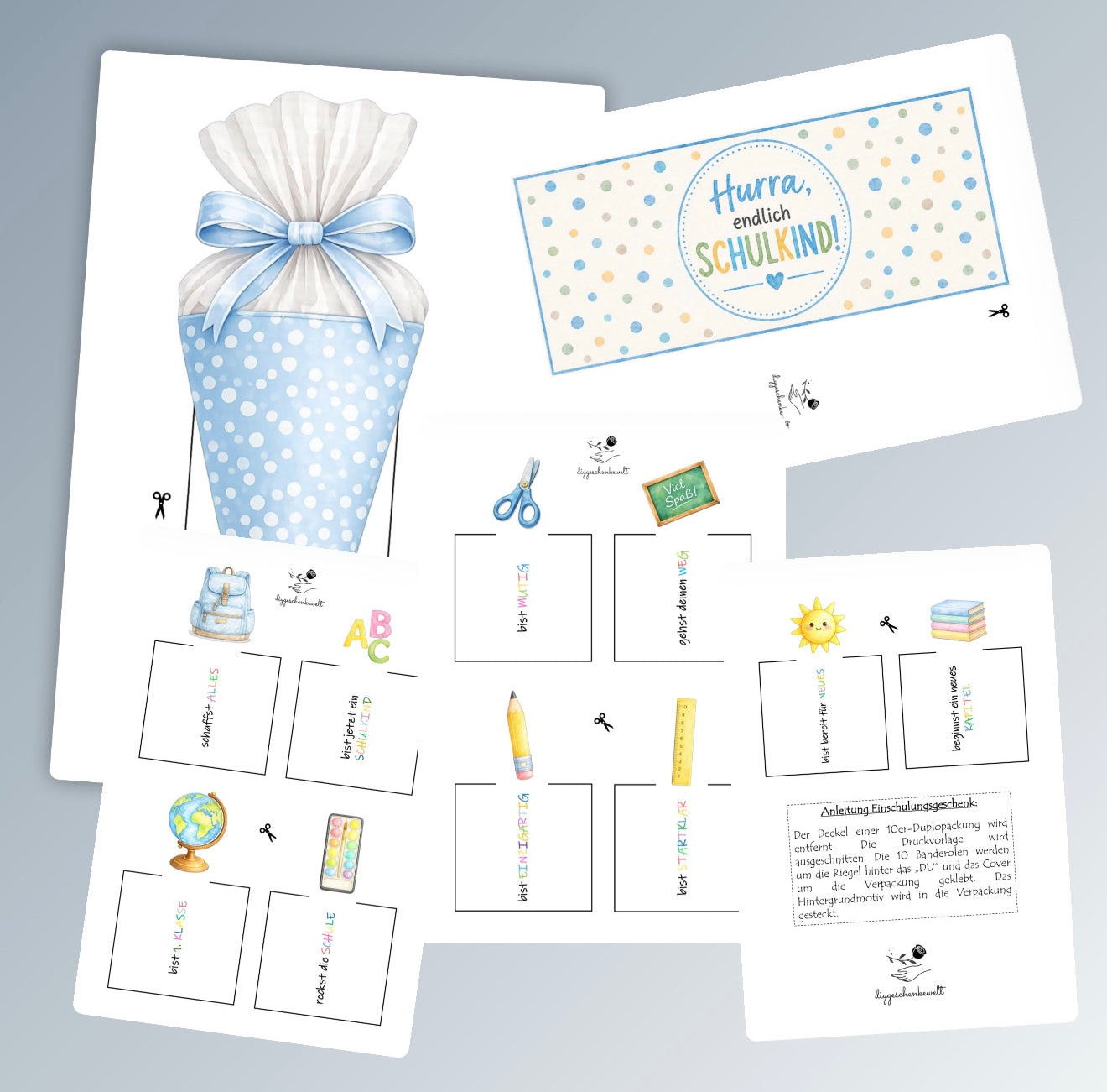 Geschenk zur Einschulung, blaue Schultüten-Variante, Duplo-Banderole, kleine Aufmerksamkeit, Druckvorlage, Sofort-Download, Last-Minute-Geschenk, PDF-Datei