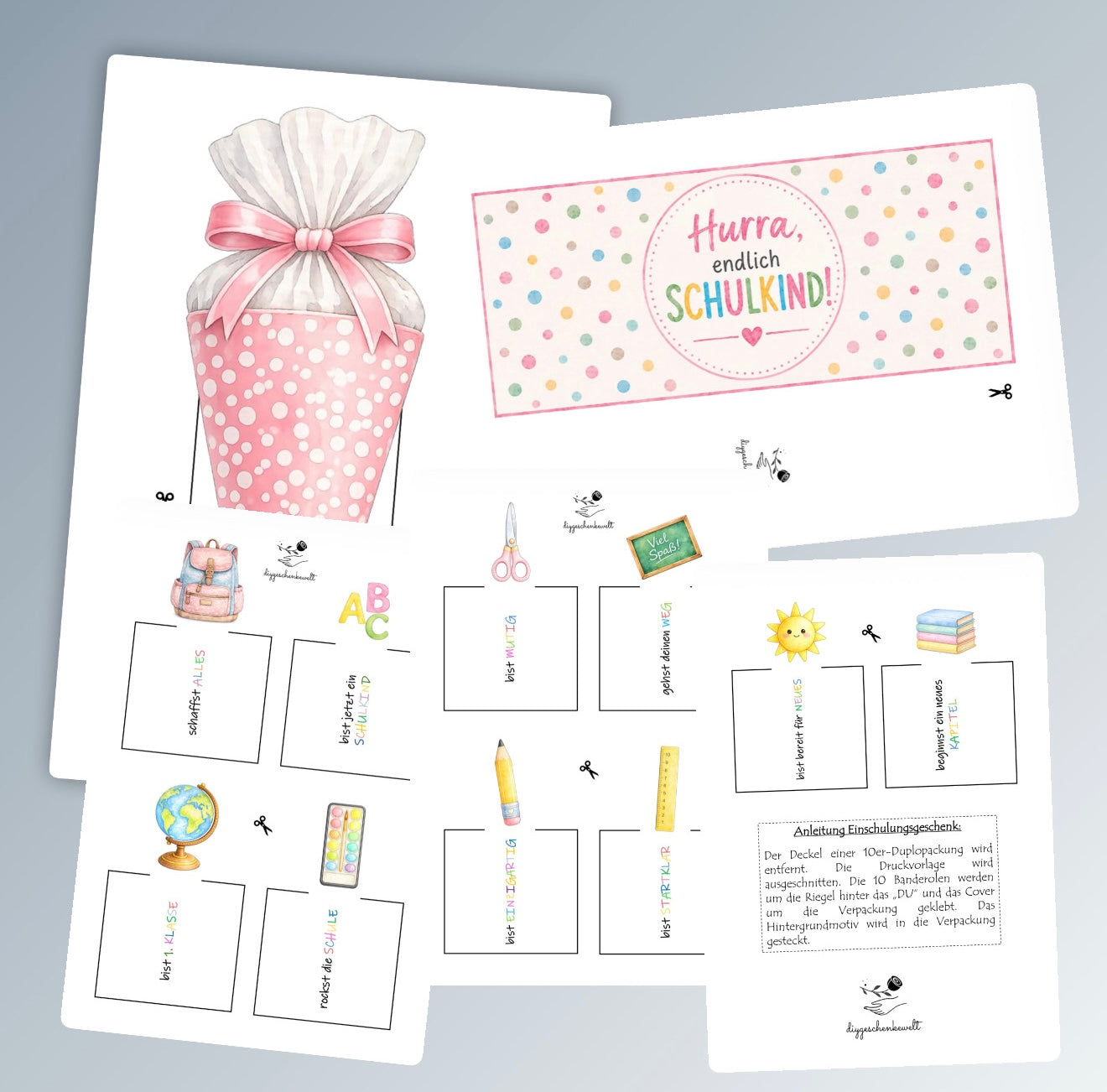 Geschenk zur Einschulung, rosa Schultüten-Variante, Duplo-Banderole, kleine Aufmerksamkeit, Druckvorlage, Sofort-Download, Last-Minute-Geschenk, PDF-Datei