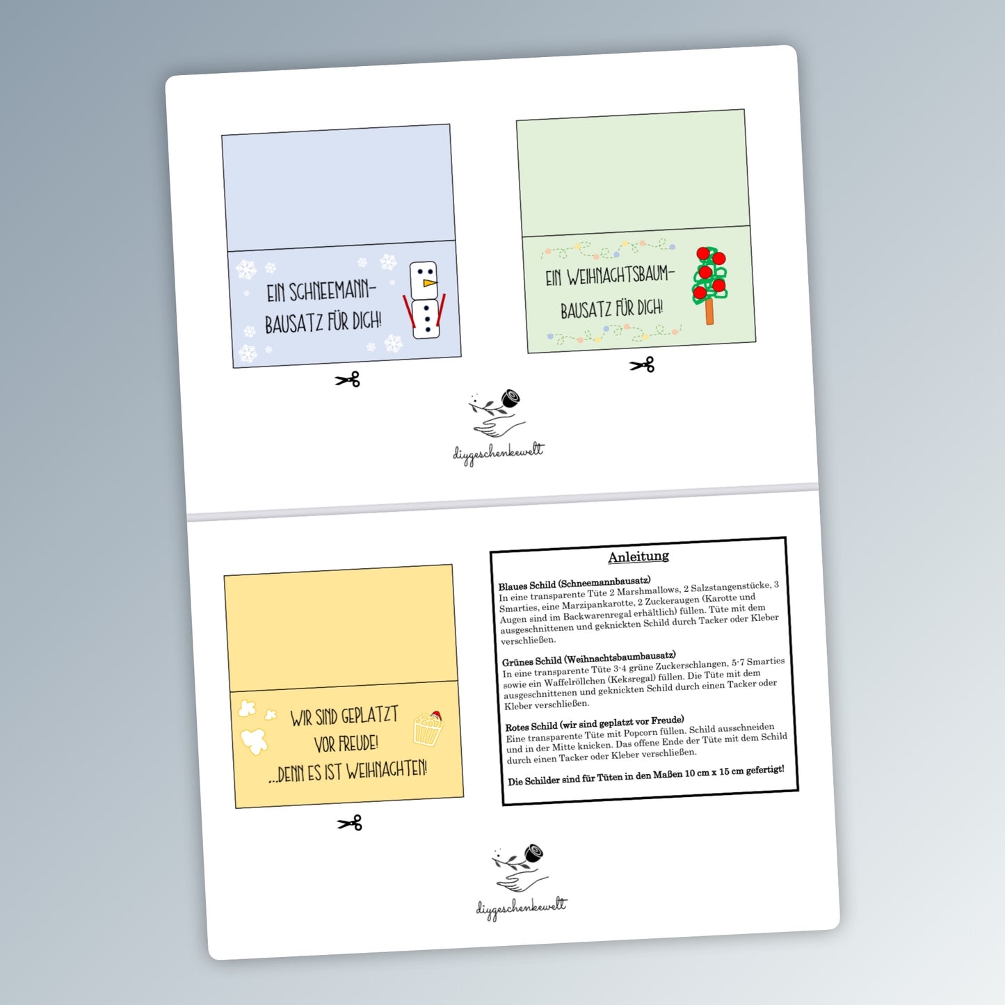 Weihnachten Tüten, Bausätze, Schneemann, Weihnachtsbaum, Popcorn, kleine Aufmerksamkeit, Druckvorlage, PDF-Datei