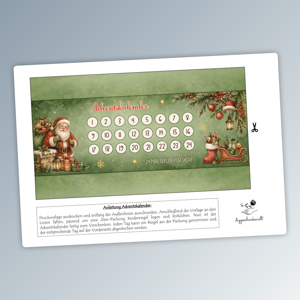 Adventskalender, Kinderriegel-Banderole, Weihnachtsgeschenk, kleine Aufmerksamkeit, Druckvorlage, PDF-Datei