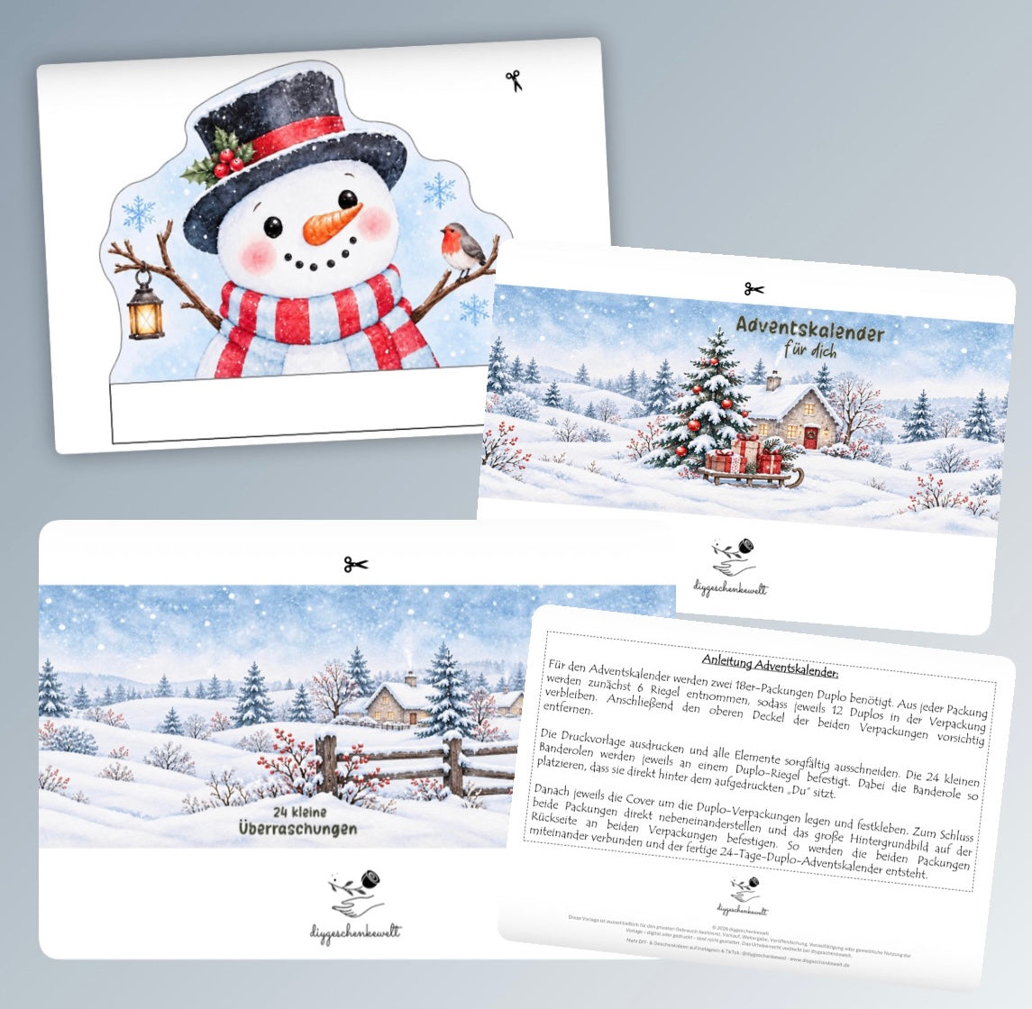 Adventskalender, Duplo-Banderole, Schneemann-Version, Weihnachtsgeschenk, kleine Aufmerksamkeit, Druckvorlage, PDF-Datei