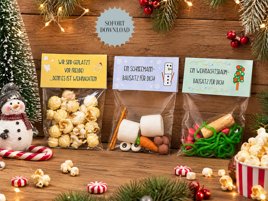 Weihnachten Tüten, Bausätze, Schneemann, Weihnachtsbaum, Popcorn, kleine Aufmerksamkeit, Druckvorlage, PDF-Datei