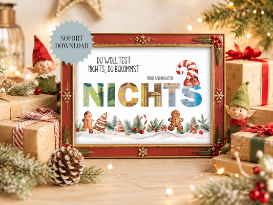 Geldgeschenk Weihnachten, Nichts, kein Wunsch, Druckvorlage, Geschenk, Sofort-Download, Last-Minute-Geschenk, PDF