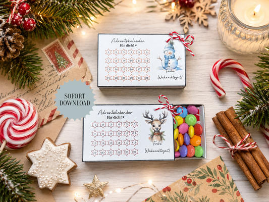 Adventskalender für eine große Streichholzschachtel, Geschenk, Weihnachtsgeschenk, kleine Aufmerksamkeit, Druckvorlage, PDF-Datei