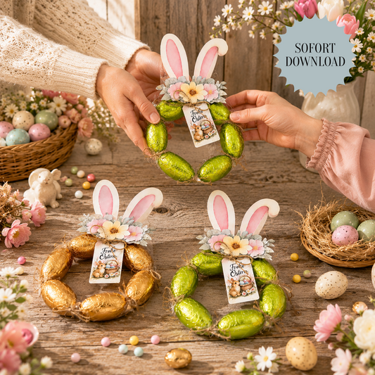 Geschenk zu Ostern, Hasenohren und Geschenkanhänger, Osterschokokränze, kleine Aufmerksamkeit, Druckvorlage, Sofort-Download,  Last-Minute-Geschenk, PDF-Datei