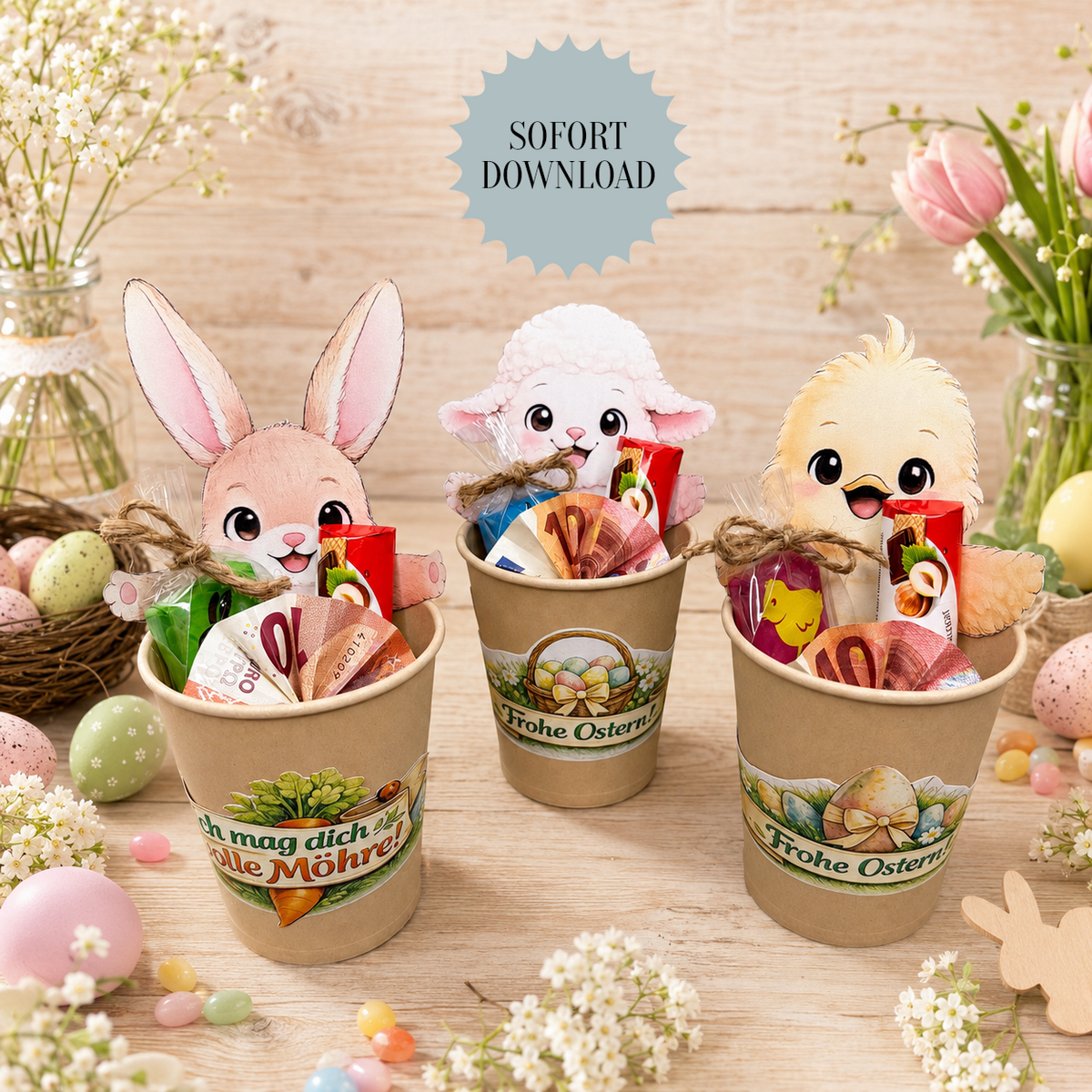 Geschenk zu Ostern, Becher-Banderole, Oster-Figuren, kleine Aufmerksamkeit, Druckvorlage, Sofort-Download,  Last-Minute-Geschenk, PDF-Datei