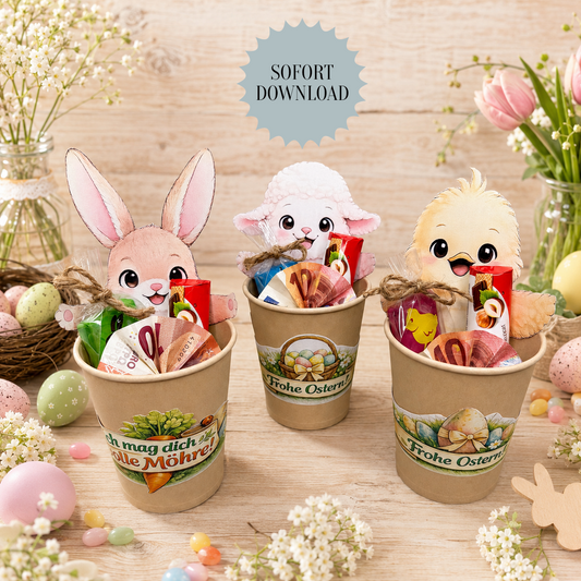 Geschenk zu Ostern, Becher-Banderole, Oster-Figuren, kleine Aufmerksamkeit, Druckvorlage, Sofort-Download,  Last-Minute-Geschenk, PDF-Datei