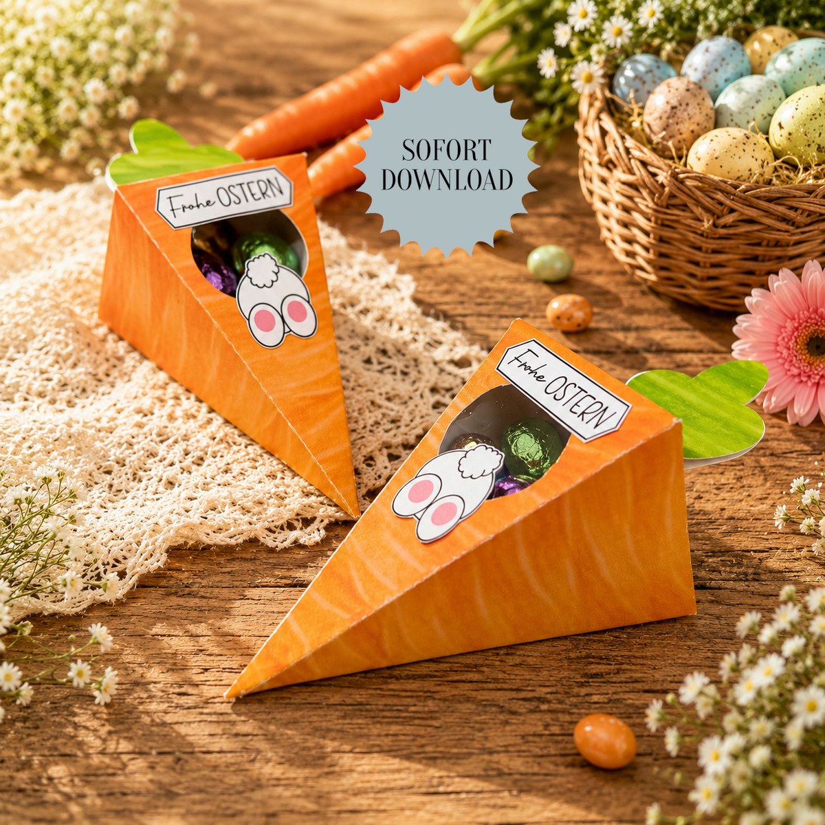 Geschenk zu Ostern, Karotten-Geschenkbox, kleine Aufmerksamkeit, Druckvorlage, Sofort-Download,  Last-Minute-Geschenk, PDF-Datei
