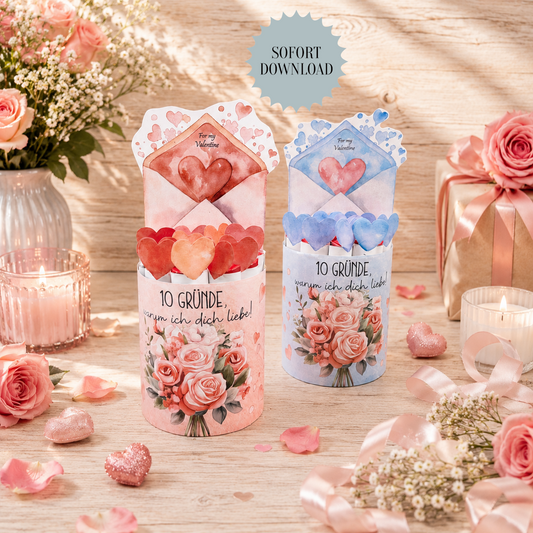 Valentinstag Geschenk, 10 Liebesgründe, Banderolen für Duplo, blaue und rosa Variante, Druckvorlage, Sofort-Download,  Last-Minute-Geschenk, PDF-Datei