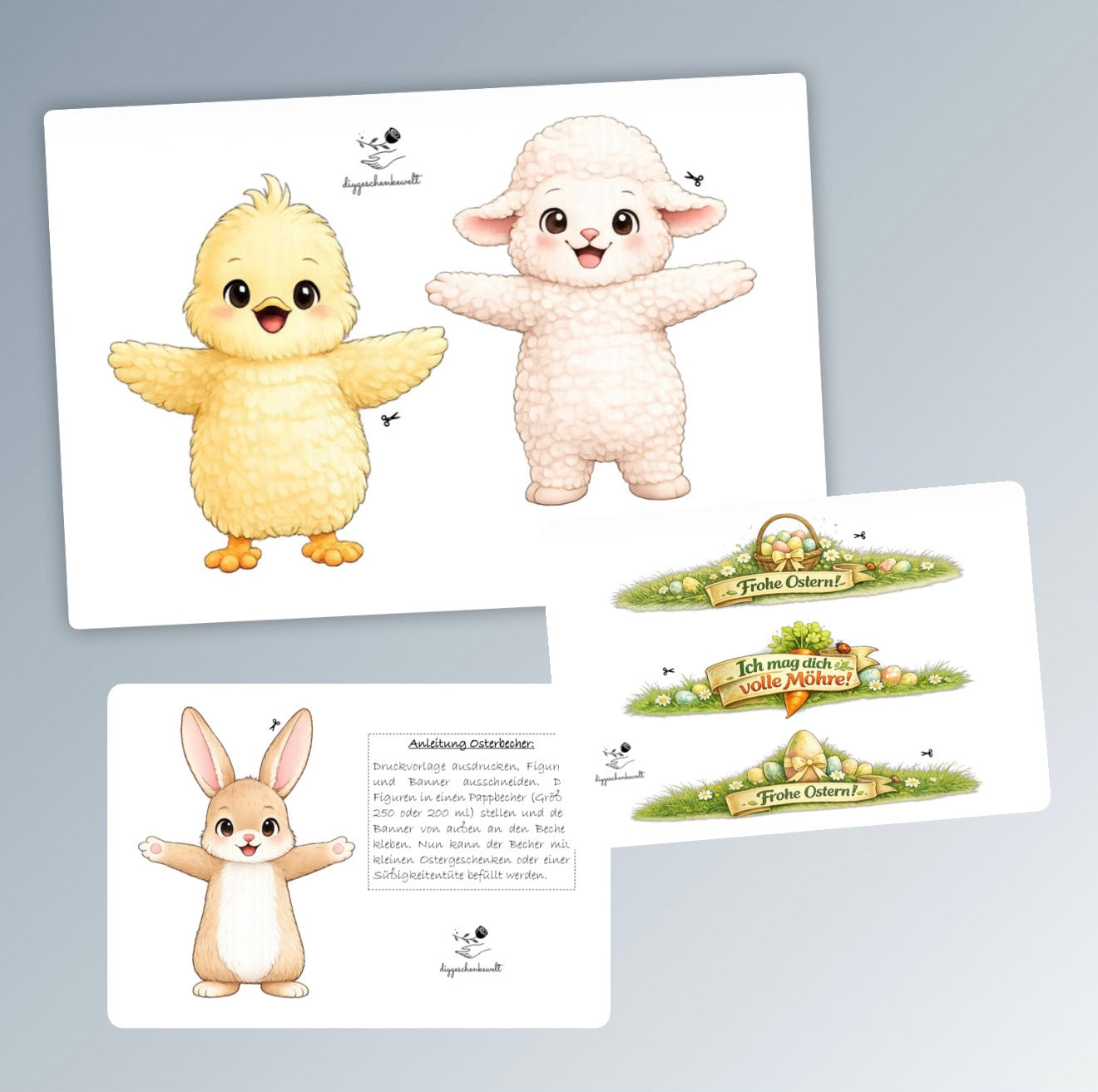 Geschenk zu Ostern, Becher-Banderole, Oster-Figuren, kleine Aufmerksamkeit, Druckvorlage, Sofort-Download,  Last-Minute-Geschenk, PDF-Datei