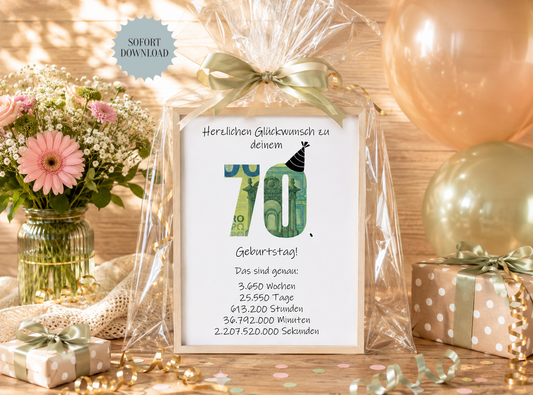 Geldgeschenk 70. Geburtstag, Geschenk, Druckvorlage, Sofort-Download,  Last-Minute-Geschenk, PDF-Datei