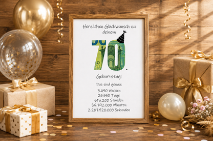 Geldgeschenk 70. Geburtstag, Geschenk, Druckvorlage, Sofort-Download,  Last-Minute-Geschenk, PDF-Datei