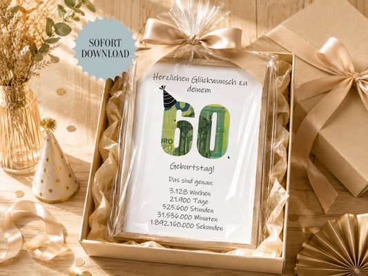 Geldgeschenk 60. Geburtstag, Geschenk, Druckvorlage, Sofort-Download,  Last-Minute-Geschenk, PDF-Datei