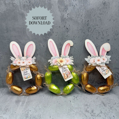 Geschenk zu Ostern, Hasenohren und Geschenkanhänger, Osterschokokränze, kleine Aufmerksamkeit, Druckvorlage, Sofort-Download,  Last-Minute-Geschenk, PDF-Datei