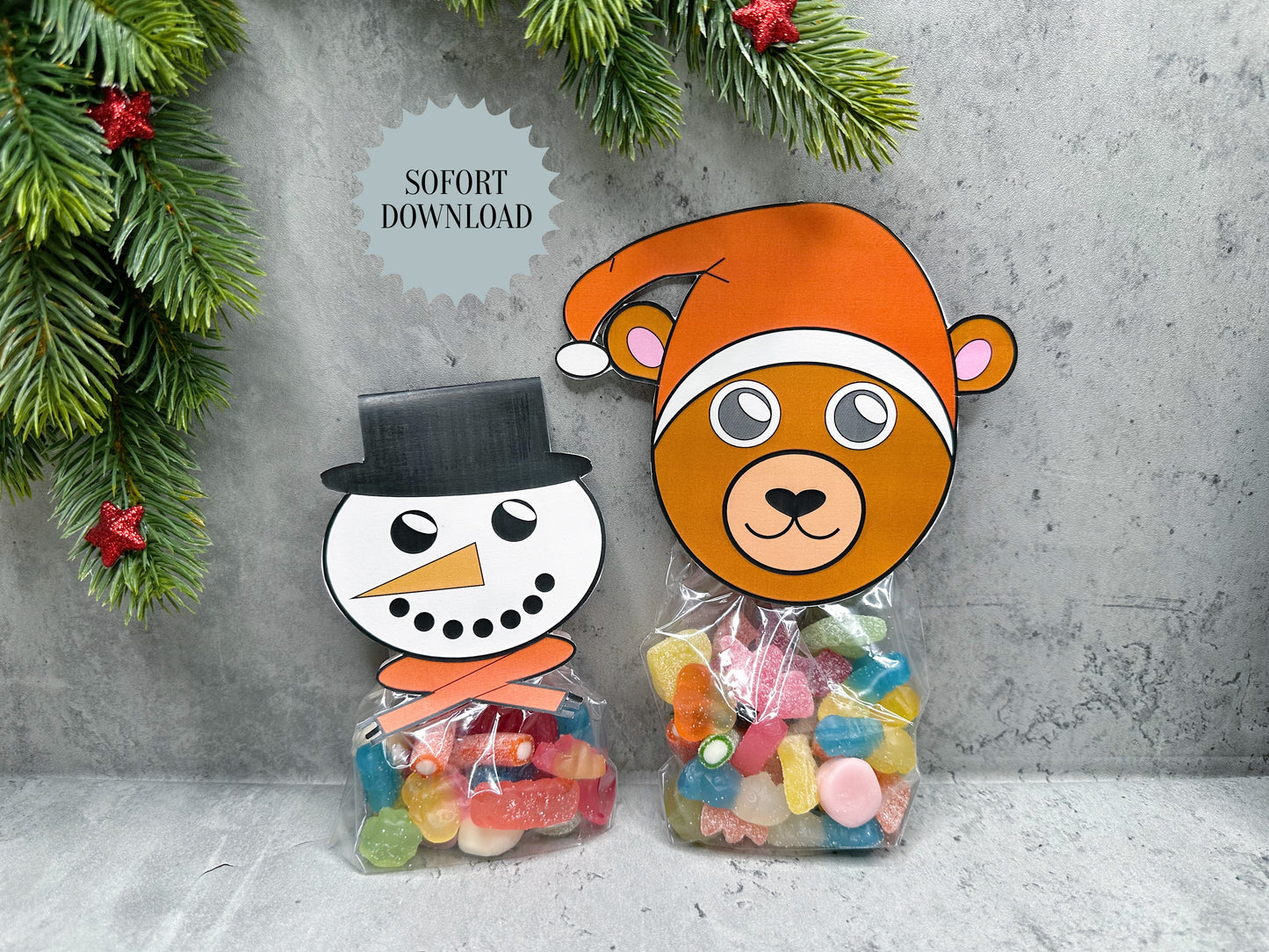 Süßigkeitentüte Weihnachten, Bär und Schneemann, Druckvorlage, Geschenk, Sofort-Download, Last-Minute-Geschenk, PDF-Datei