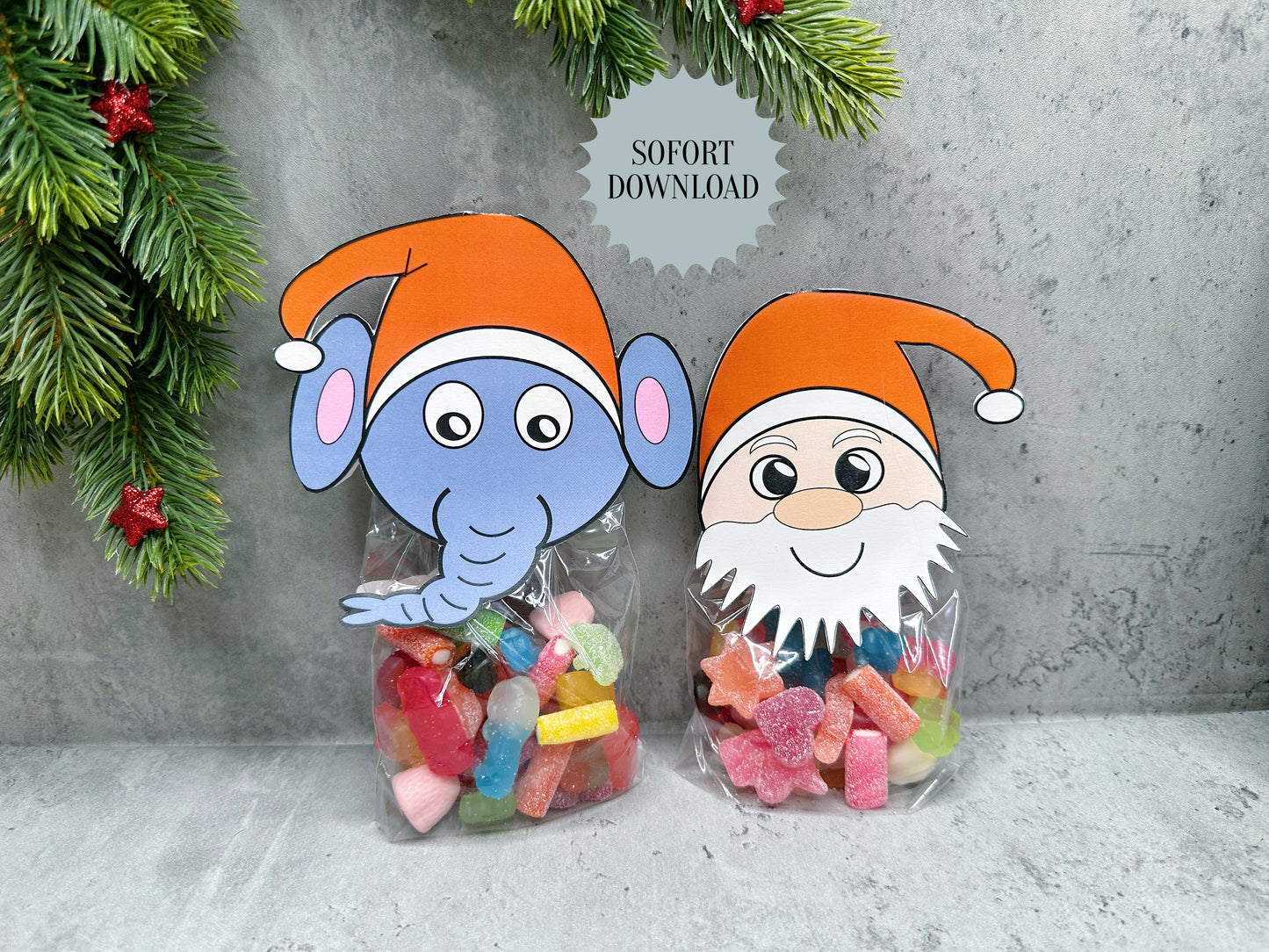 Süßigkeitentüte Weihnachten, Weihnachtsmann und Elefant, Druckvorlage, Geschenk, Sofort-Download, Last-Minute-Geschenk, PDF-Datei