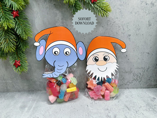 Süßigkeitentüte Weihnachten, Weihnachtsmann und Elefant, Druckvorlage, Geschenk, Sofort-Download, Last-Minute-Geschenk, PDF-Datei