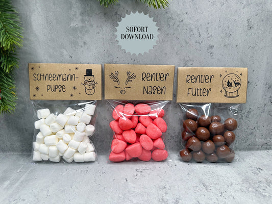 Weihnachten Tüten, Rentiernasen, Rentierfutter, Schneemannpupse, kleine Aufmerksamkeit, Druckvorlage, PDF-Datei