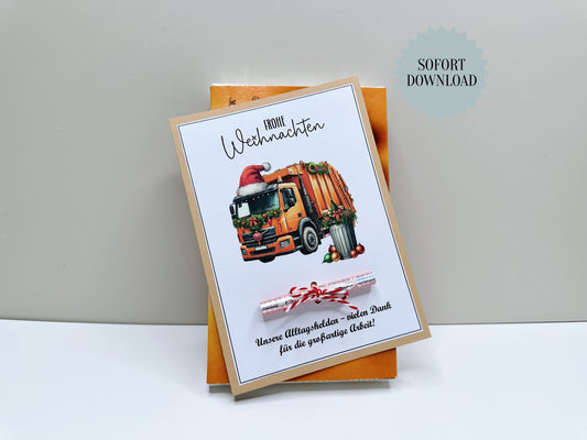 Geldgeschenk Müllabfuhr, Karte, Weihnachten, Druckvorlage, Geschenk, Sofort-Download, Last-Minute-Geschenk, PDF-Datei