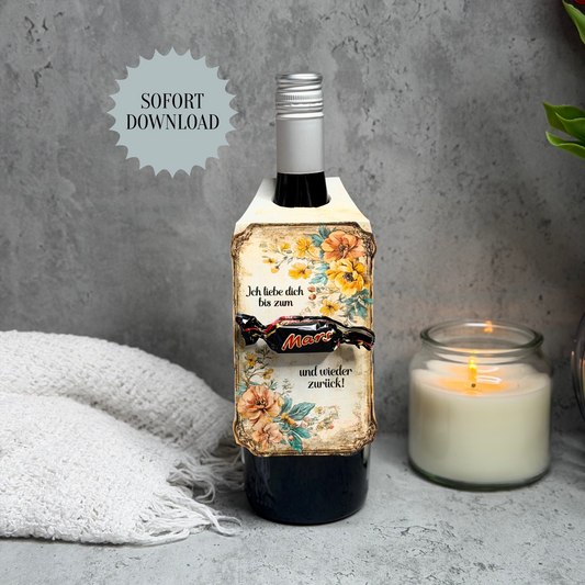 Valentinstag Geschenk, Geschenk für die liebste Person, Flaschenanhänger, "Ich liebe dich bis zum Mars und zurück", Druckvorlage, Sofort-Download,  Last-Minute-Geschenk, PDF-Datei