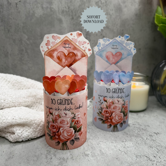 Valentinstag Geschenk, 10 Liebesgründe, Banderolen für Duplo, blaue und rosa Variante, Druckvorlage, Sofort-Download,  Last-Minute-Geschenk, PDF-Datei