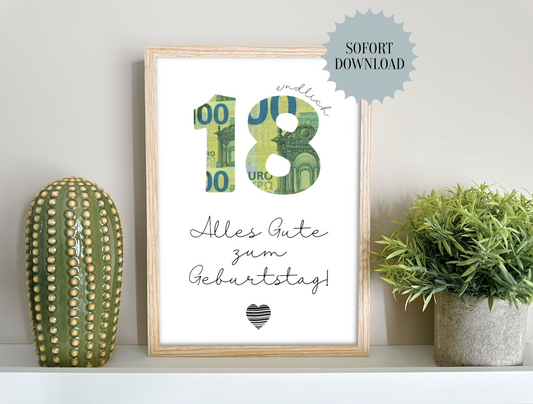 Geschenk zum 18. Geburtstag, Last-Minute-Geschenk, Geldgeschenk,  Druckvorlage, Sofort-Download, PDF-Datei