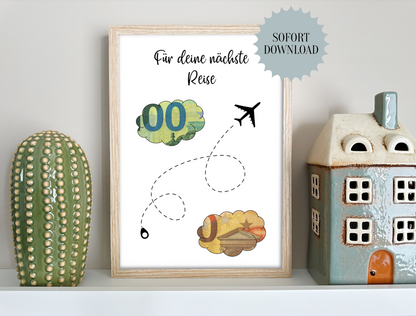 Geschenk für die nächste Reise, Urlaub, Geldgeschenk, Geburtstag,  Druckvorlage, Sofort-Download, PDF-Datei