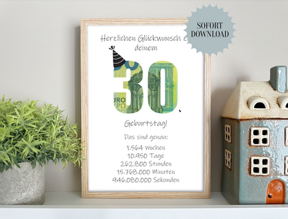 Geldgeschenk 30. Geburtstag, Geschenk, Druckvorlage, Sofort-Download,  Last-Minute-Geschenk, PDF-Datei