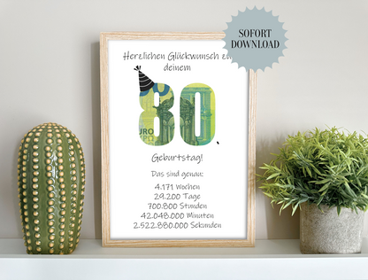 Geldgeschenk 80. Geburtstag, Geschenk, Druckvorlage, Sofort-Download,  Last-Minute-Geschenk, PDF-Datei