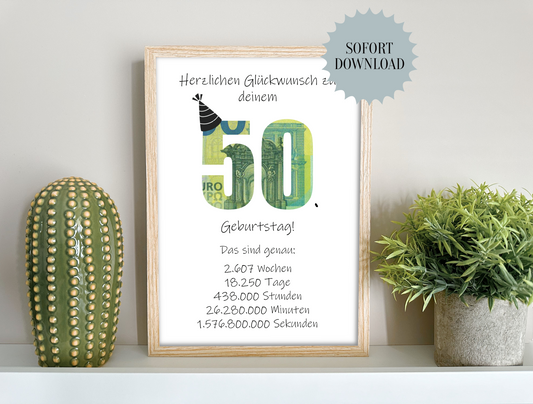 Geldgeschenk 50. Geburtstag, Geschenk, Druckvorlage, Sofort-Download,  Last-Minute-Geschenk, PDF-Datei