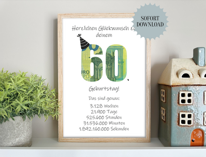 Geldgeschenk 60. Geburtstag, Geschenk, Druckvorlage, Sofort-Download,  Last-Minute-Geschenk, PDF-Datei