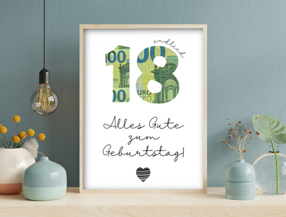 Geschenk zum 18. Geburtstag, Last-Minute-Geschenk, Geldgeschenk,  Druckvorlage, Sofort-Download, PDF-Datei