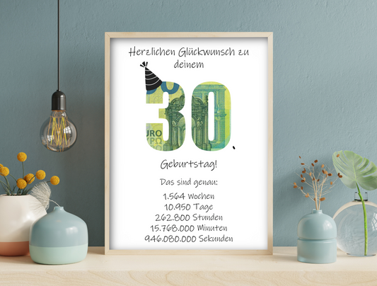 Geldgeschenk 30. Geburtstag, Geschenk, Druckvorlage, Sofort-Download,  Last-Minute-Geschenk, PDF-Datei