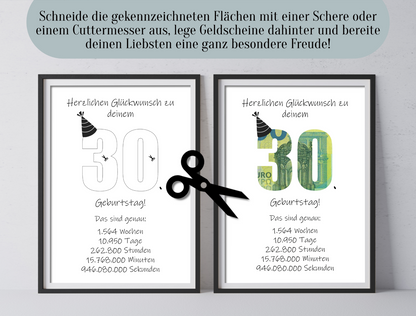 Geldgeschenk 30. Geburtstag, Geschenk, Druckvorlage, Sofort-Download,  Last-Minute-Geschenk, PDF-Datei